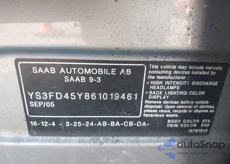 2006 Saab 9-3 2.0T from USA, damaged, VIN YS3FD45Y861019461